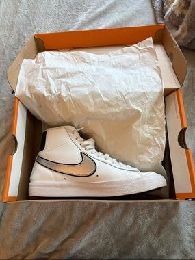 Nike White High-Top Sneakers with Black-Trim Swoosh